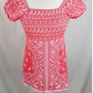 Roz & Ali Women's Top L Coral Pink Paisley with Babydoll Smocked Bodice